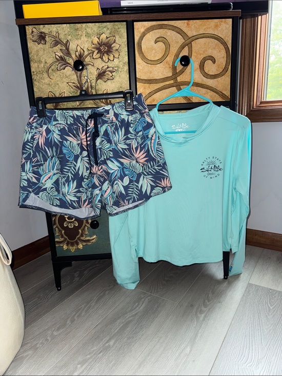 Salt Life Pants - Salt Life Mint Long Sleeve Sun Shirt with Navy Tropical Print Shorts